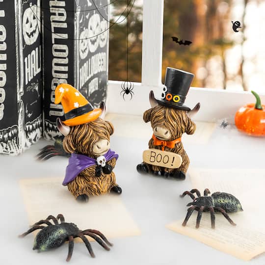 Glitzhome® 4.75" Halloween Resin Highland Cow Table Decor, Set of 2